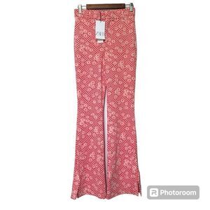 NWT Zara Pants Womens M Split Hem Flare Check Floral Retro Pull On Style 7385407
